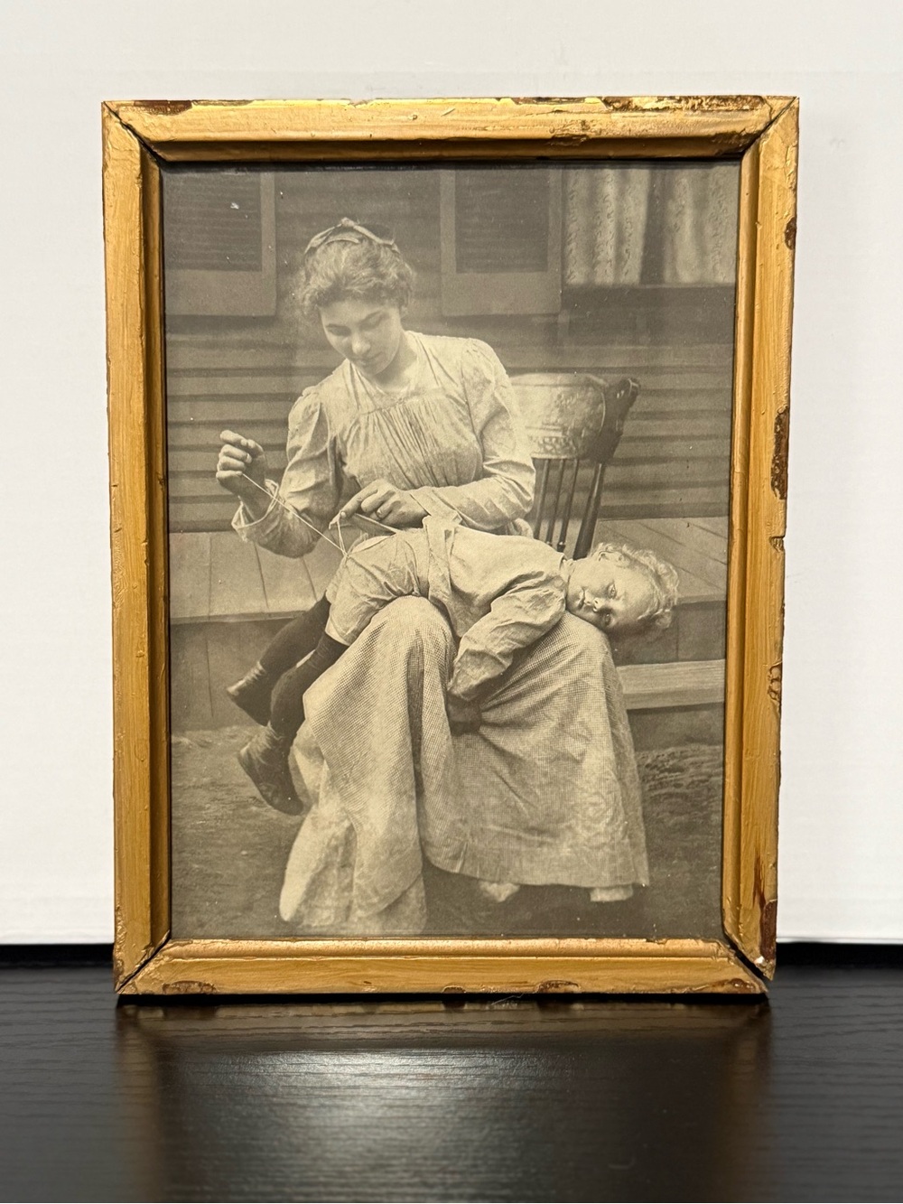 Antique 1905 Mother Mending Son's Pants Wood Framed Novelty Print Americana